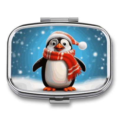 Metal Pill Box with Mirror, Christmas Penguin Print