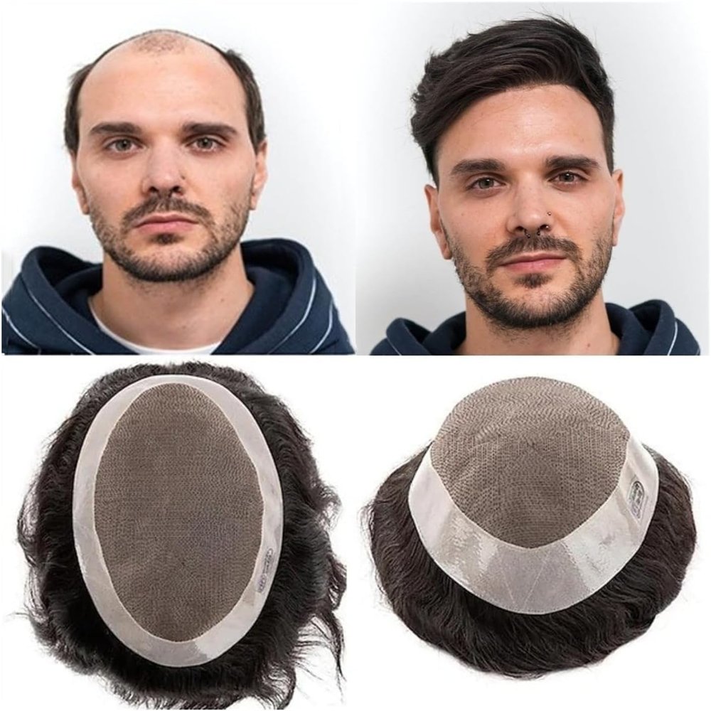 Men's Human Hair Toupee with Fine Mono Top and PU Perimeter, 30 mm Wave, #1B, 120% Density