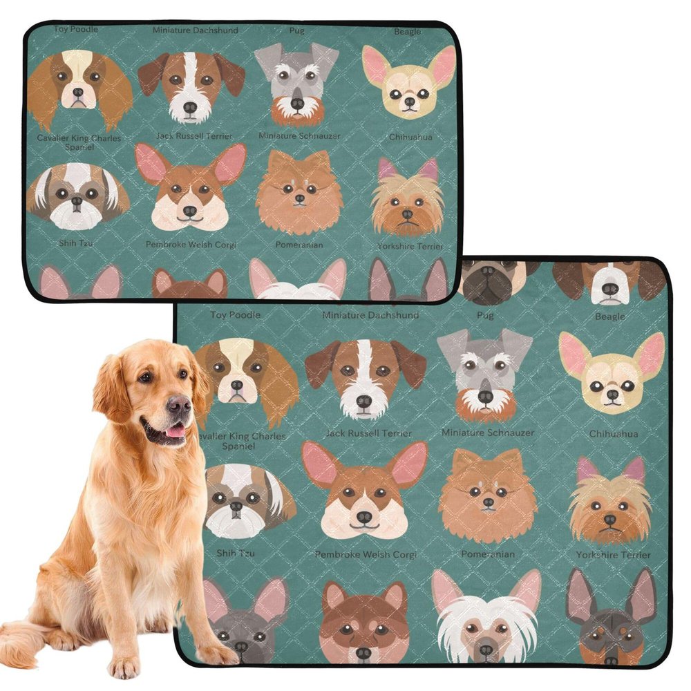 Reusable Dog Pee Pad, Non-Slip Floor Mat for Beach, 20 x 24 in, Cute Small Dog Faces and Breeds