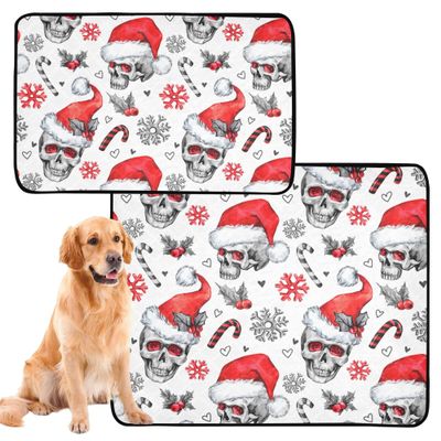 Washable Non-Slip Dog Mat, 20 x 24 in, Watercolor Skull & Santa Designs, 3-Pack