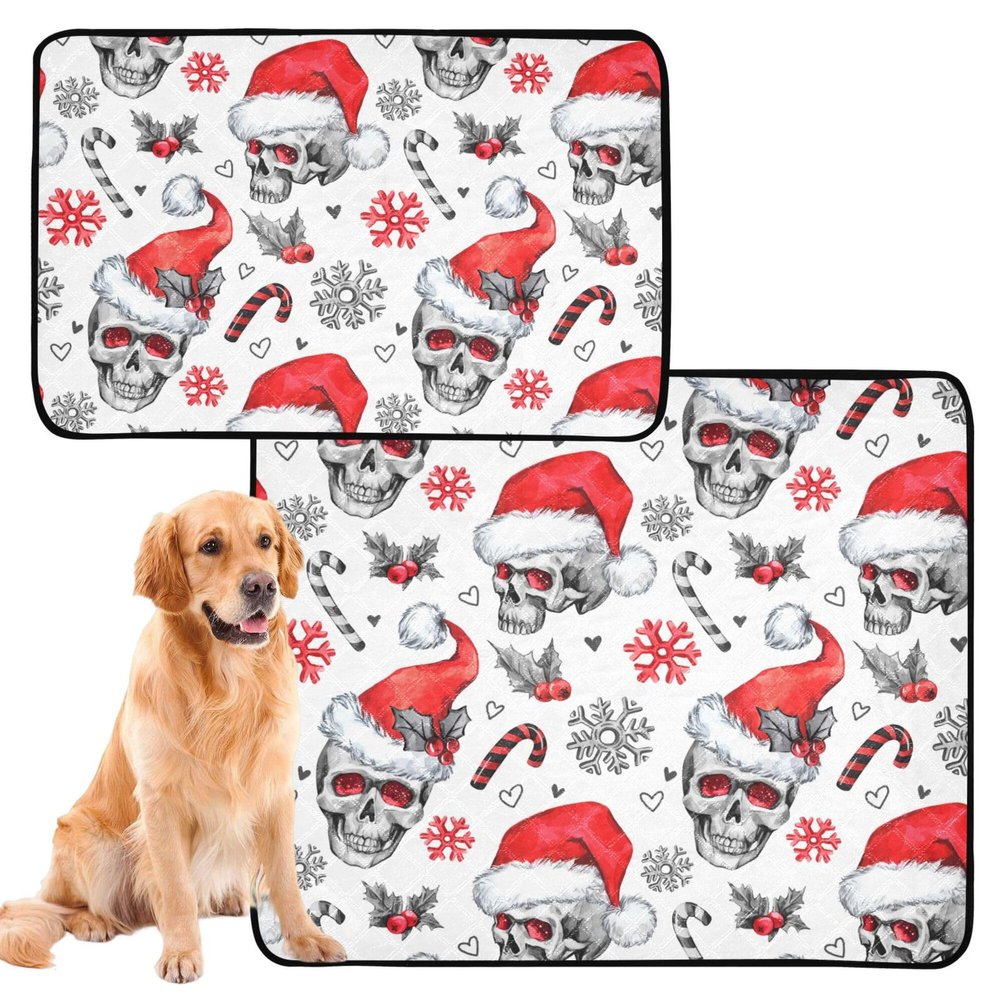 Washable Non-Slip Dog Mat, 20 x 24 in, Watercolor Skull & Santa Designs, 3-Pack