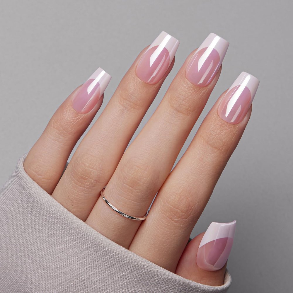 Glazed Pink French Tip Press-On Nails, 32-Piece Set