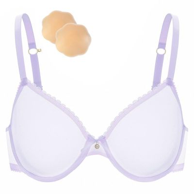 Wingslove Women's Sexy Sheer Underwire Bra with Lace Mesh, Unpadded, Includes Silicone Nipple Covers, Light Purple, 90D