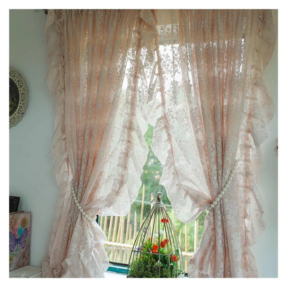 QEXWETAR Ruffled Lace Window Curtain, Princess Style, Cream, 200 x 150 cm, 1 Piece