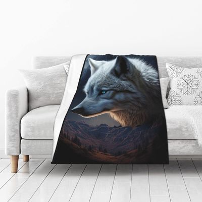 yomeeaaaa Embrace The Beauty of White Wolf Little Moon Blanket, 40 x 50 in, Reversible Plush Throw Blanket for Couch, Sofa, Chair, Super Soft, Fluffy, Cozy Wolf Print