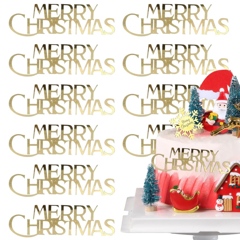 10-Piece Mirror Gold Acrylic Christmas Cake Toppers