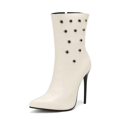 WOkismD Sexy Pointed-Toe Stiletto Short Boots, 12 cm, White, EU 39