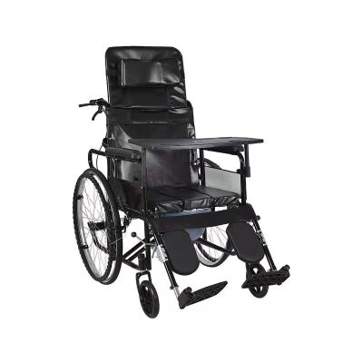 Fully Reclining Toileting Wheelchair with High Backrest, Headrest, and Tray