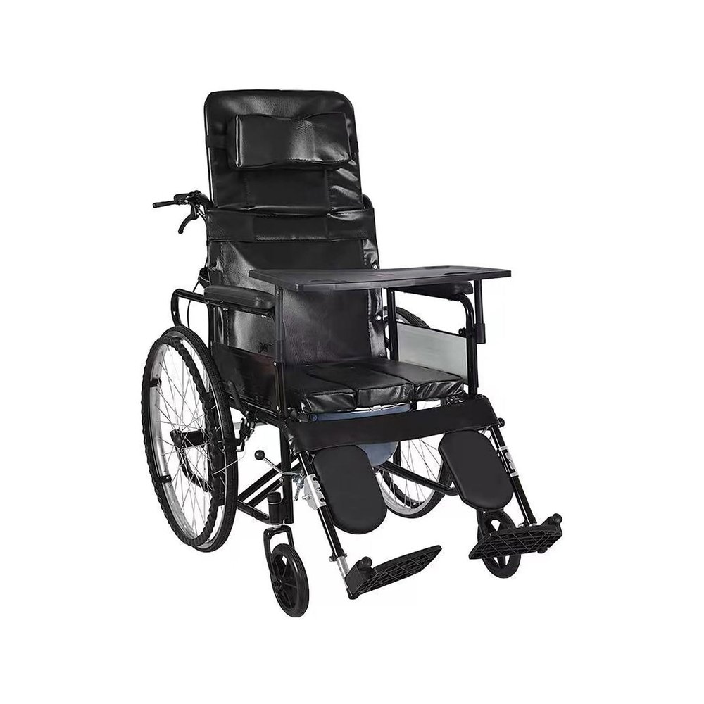 Fully Reclining Toileting Wheelchair with High Backrest, Headrest, and Tray