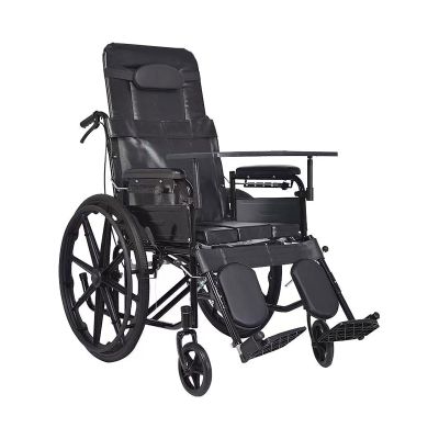 Fully Reclining Commode Wheelchair with High Backrest, Headrest and Tray Table