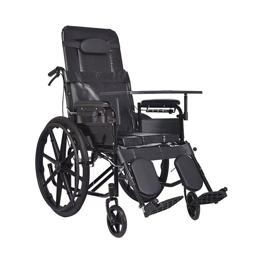 Fully Reclining Commode Wheelchair with High Backrest, Headrest and Tray Table