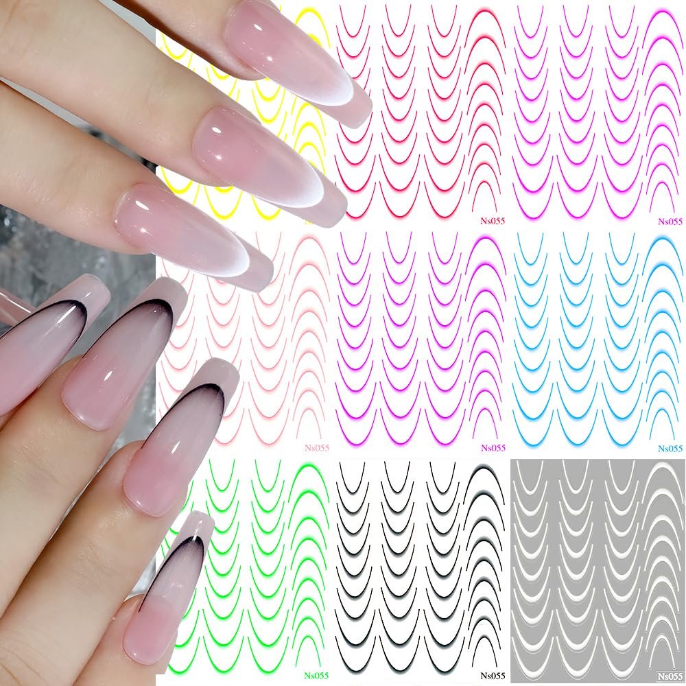 9 Sheets Self-Adhesive French Tip Nail Stickers, Colorful Curved Geometric Lines