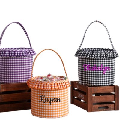Personalized Halloween Candy Basket for Boys, Embroidered Plaid Trick-or-Treat Tote