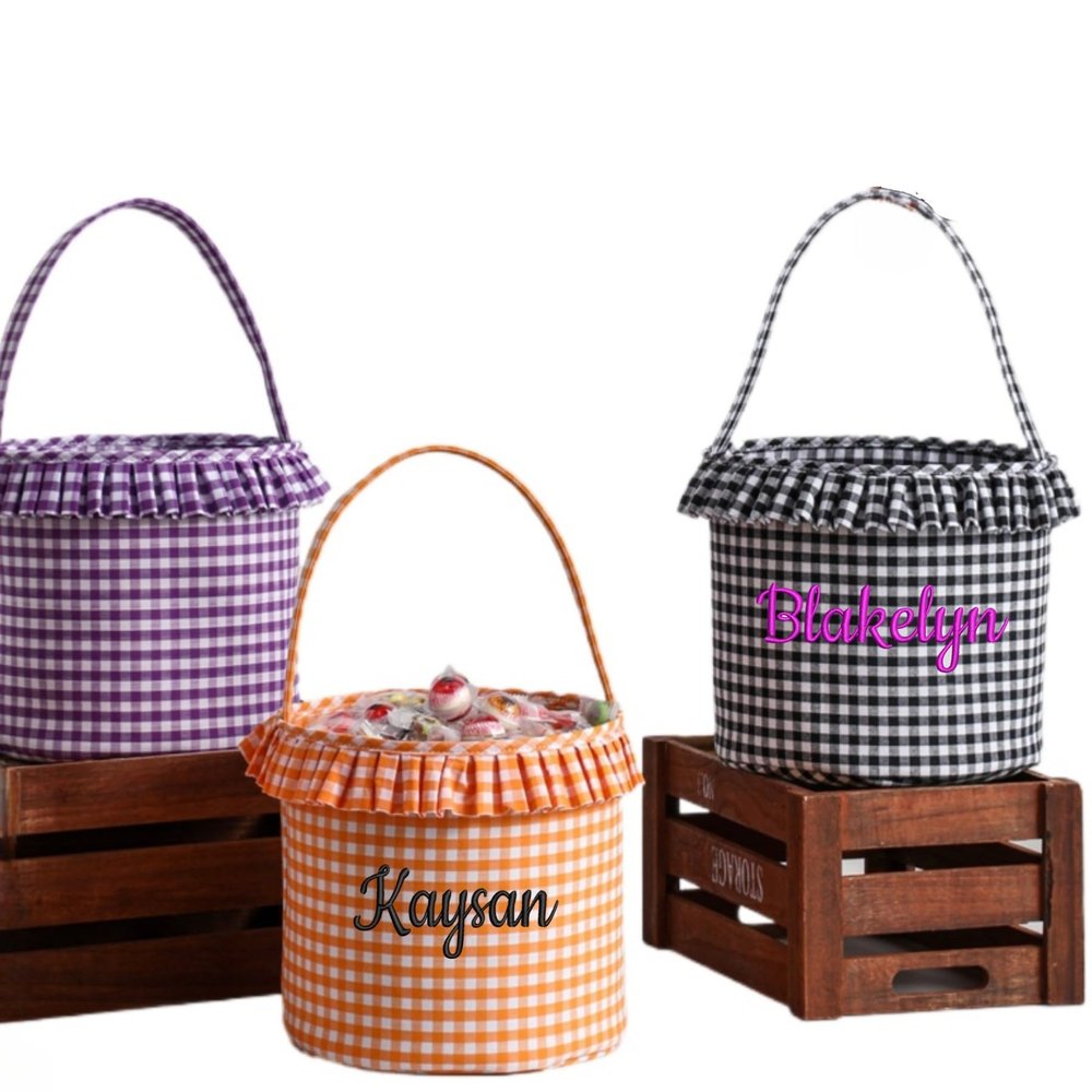 Personalized Halloween Candy Basket for Boys, Embroidered Plaid Trick-or-Treat Tote
