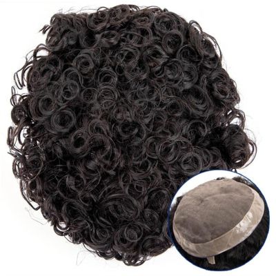Men’s Toupee, 15/20/25 mm Curly Hairpiece, Fine Mono Top with PU Perimeter, Dark Brown Indian Hair, 7-Inch