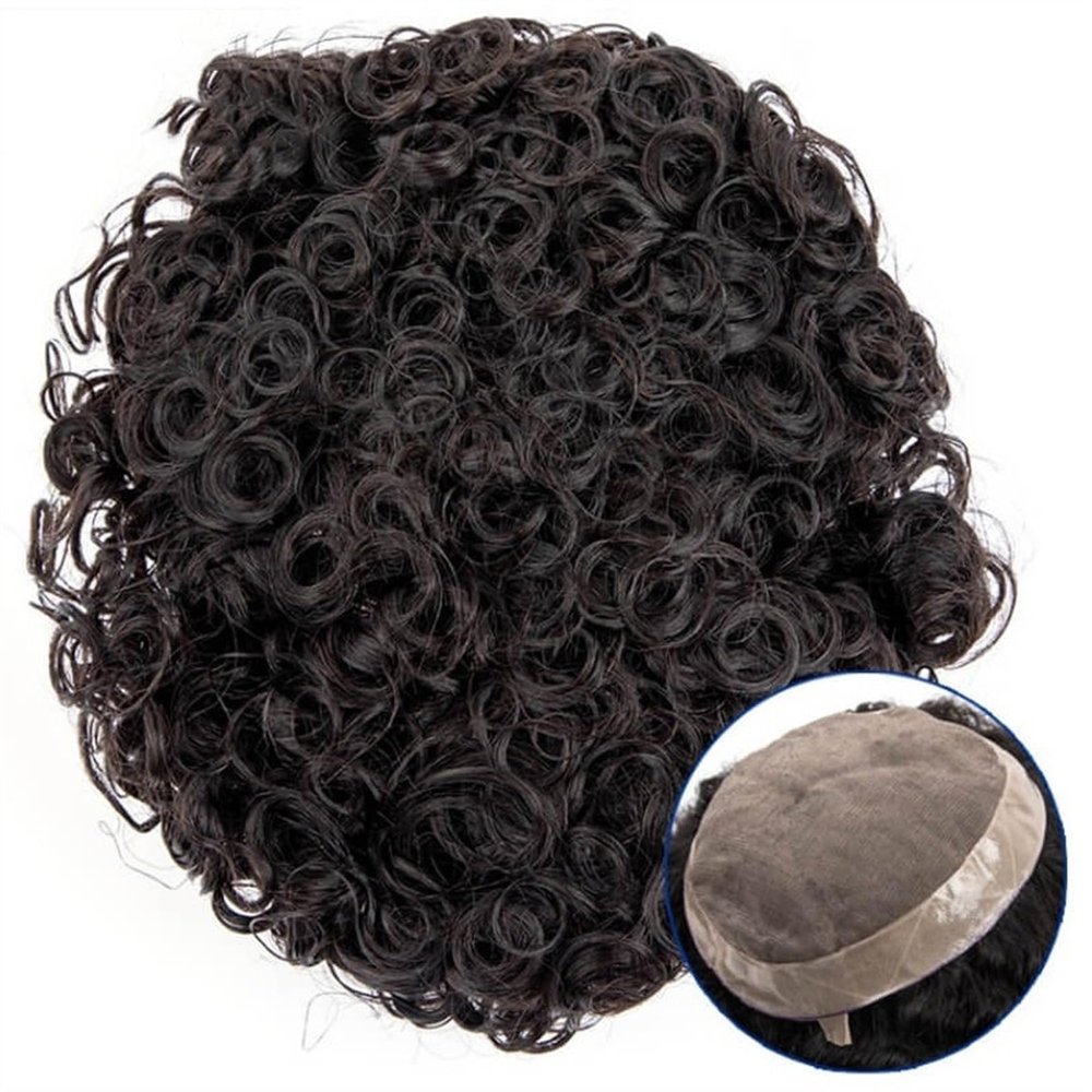 Men’s Toupee, 15/20/25 mm Curly Hairpiece, Fine Mono Top with PU Perimeter, Dark Brown Indian Hair, 7-Inch