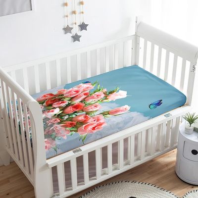 Odot Floral Fitted Sheet for Baby Cribs and Bassinets, Dark Blue, 60 x 120 cm