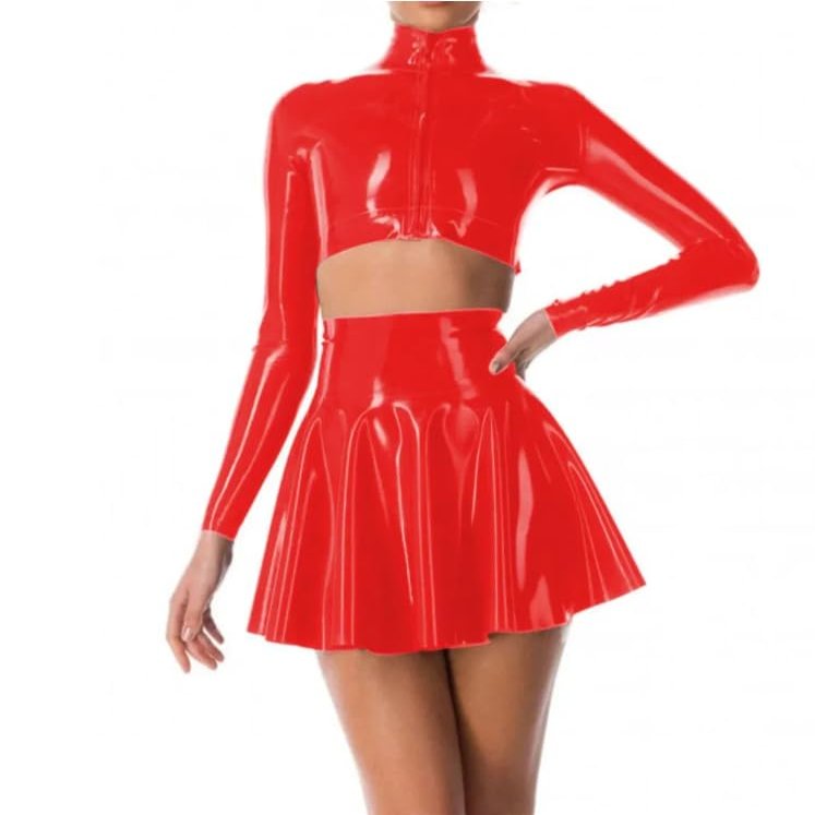 YGZHANYUANOKU Women's Leather Dress Set, Wet-Look Zip Crop Jacket with Pleated Mini Skirt, Punk PVC Clubwear, Red, L