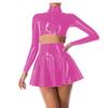 YGZHANYUANOKU Women's Leather Dress Set, Wet-Look Zip Crop Jacket with Pleated Mini Skirt, Punk PVC Clubwear, Red, L view 2