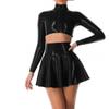 YGZHANYUANOKU Women's Leather Dress Set, Wet-Look Zip Crop Jacket with Pleated Mini Skirt, Punk PVC Clubwear, Red, L view 3