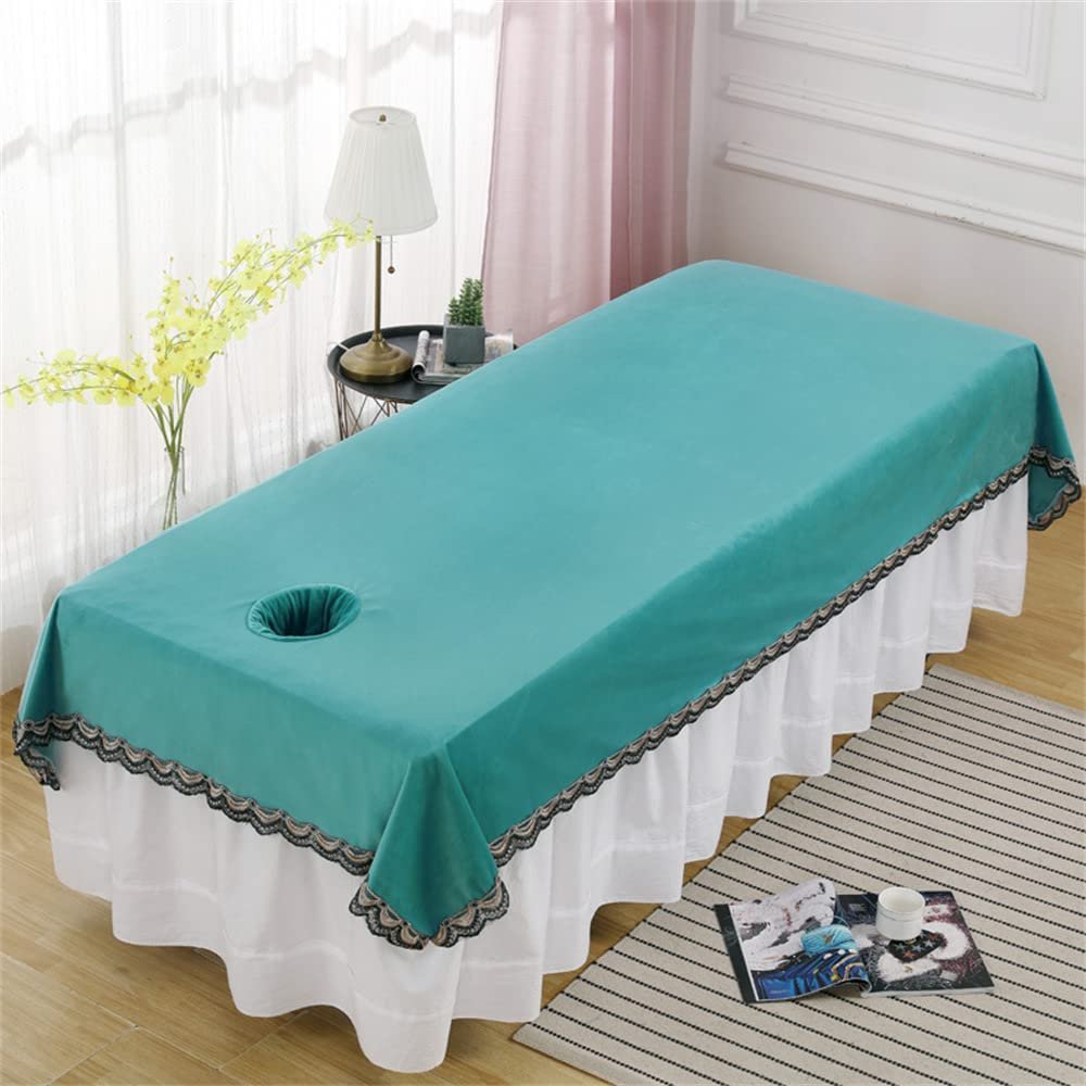 Chickwin Velvet Massage Table Fitted Sheet with Face Hole, Blue-Green, 244 x 120 cm