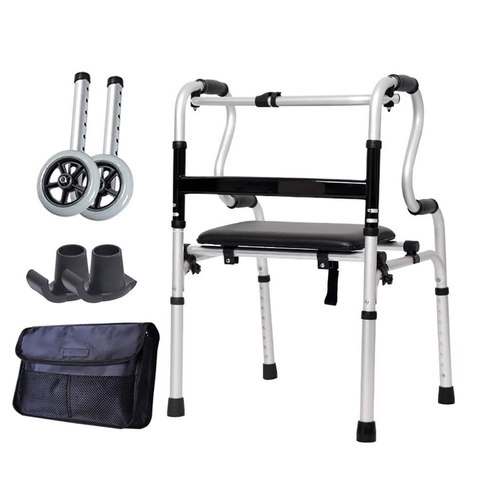EPOTRDCV Foldable Senior Rollator with Leather Seat, Lightweight Upright Walker for Outdoor Use, Height-Adjustable