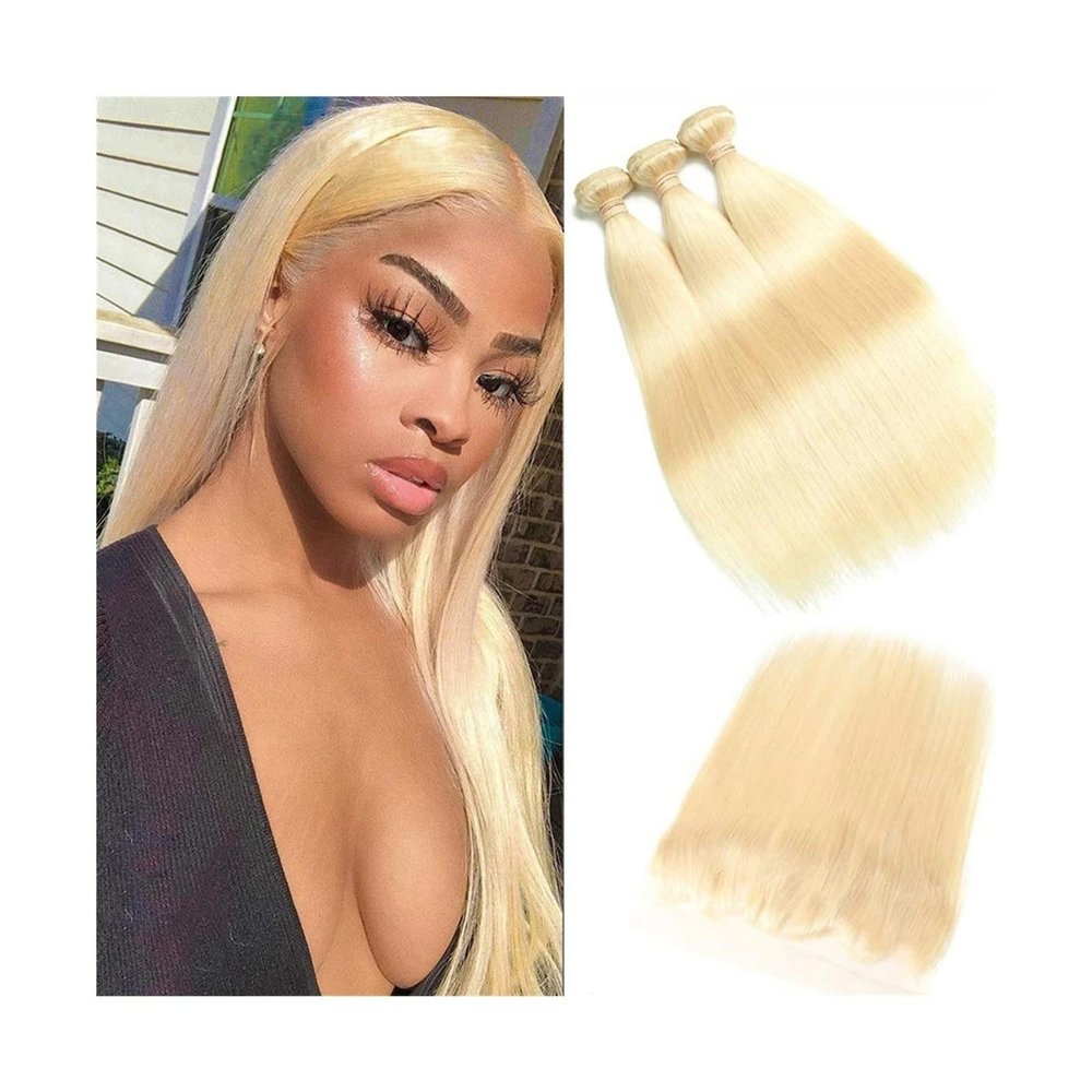 Natural Look, Easy to Wear and Style, 613 Blonde Straight Hair Bundles with Closure, Middle Part, 3/4 Bundles with Lace Front, 25.4, 10, 1.6 cm, Brazilian Remy Human Hair Extensions, Perfect for Casual