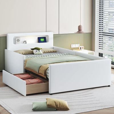 Upholstered Kids' Bed with Night Light and USB Port, Storage Drawers, Faux Leather, 90 x 200 cm, White