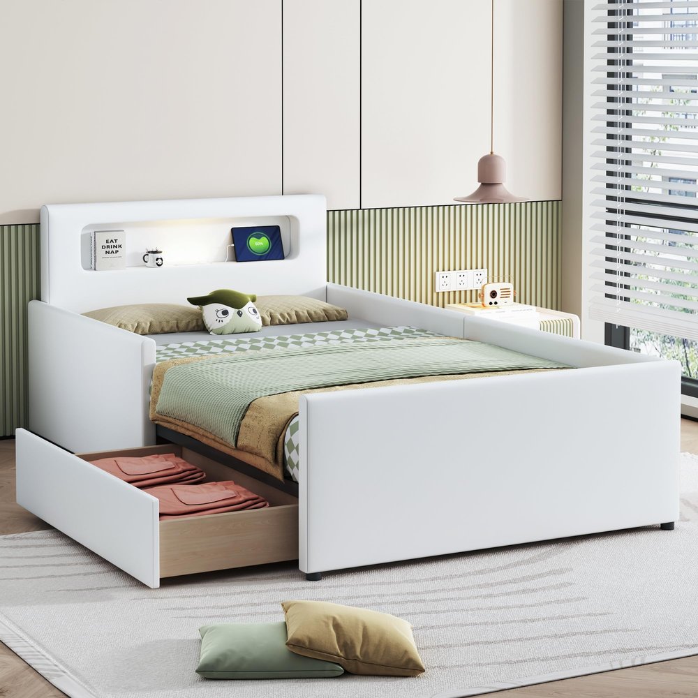 Upholstered Kids' Bed with Night Light and USB Port, Storage Drawers, Faux Leather, 90 x 200 cm, White
