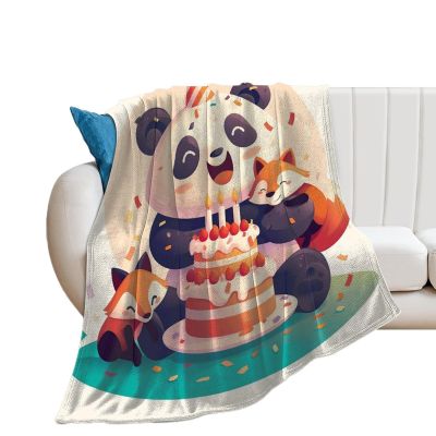 Fox and Panda Birthday Cake Flannel Fleece Blanket, Soft Blanket for Couch, Bed, or Sofa, 100 x 130 cm