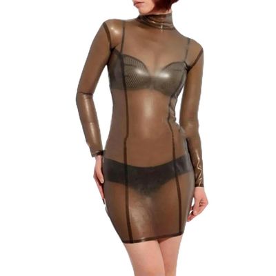 GAYLOP Women's Transparent Black Latex Catsuit with Back Zipper, Long Sleeves and Collar, XS