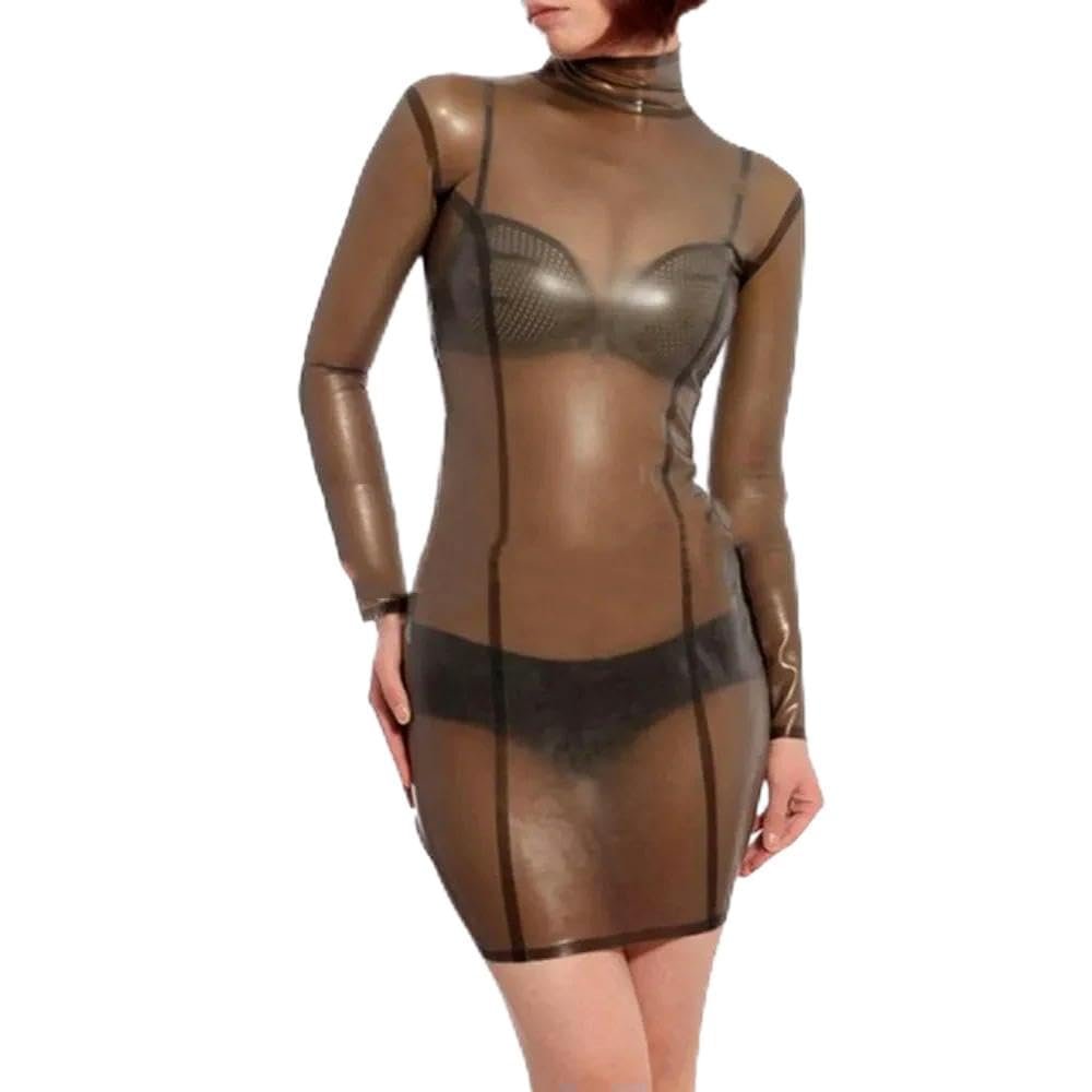 GAYLOP Women's Transparent Black Latex Catsuit with Back Zipper, Long Sleeves and Collar, XS