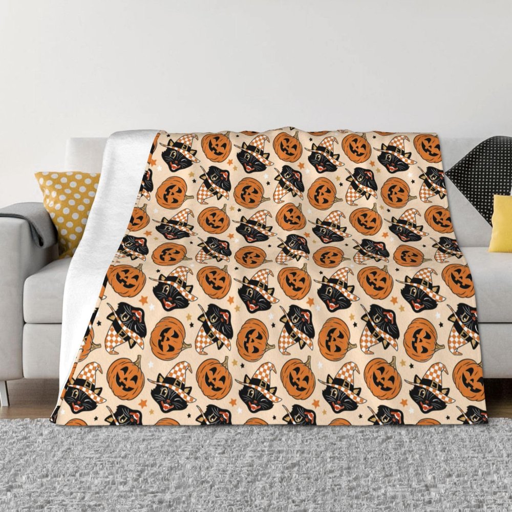 Cat Pumpkin Halloween Throw Blanket for Couch, Soft Plush Flannel, 50 x 40 in