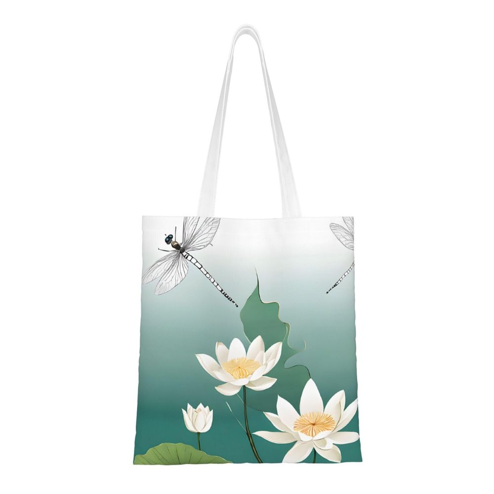 ASPOIJHN Dragonfly and Water Lily Print Reusable Shoulder Tote Bag
