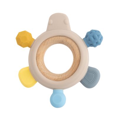 babynova Wood and Silicone Teething Ring, Yellow-Blue