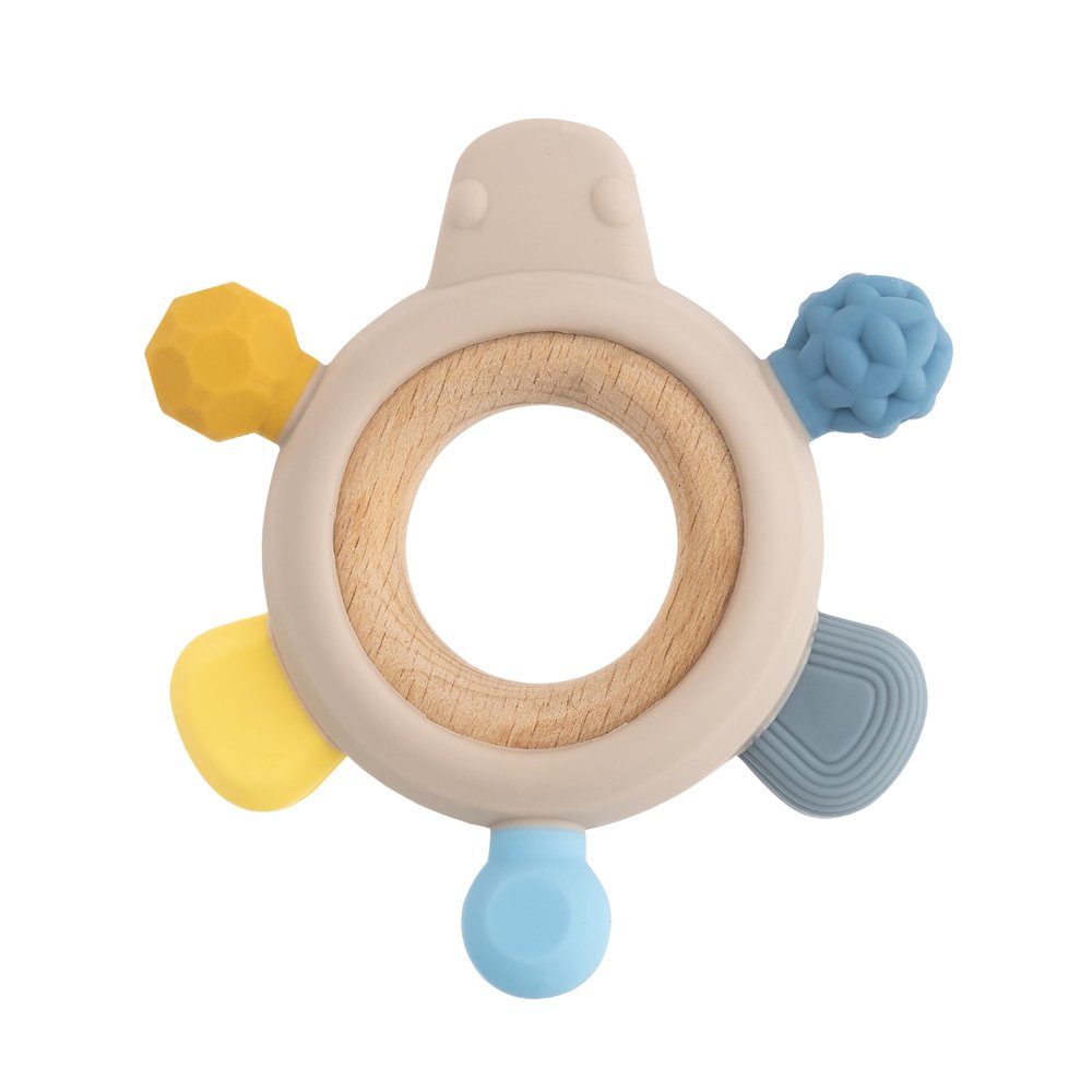 babynova Wood and Silicone Teething Ring, Yellow-Blue