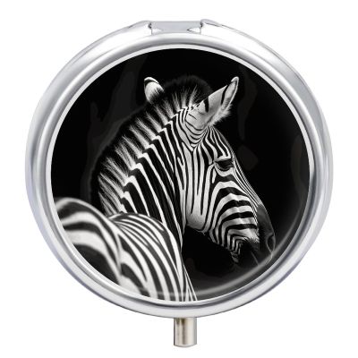 Portable Pill Box with Mirror, Black and White Zebra Pattern, 3 Compartments, Small Travel Pill Organizer for Women and Men, Creative Gift