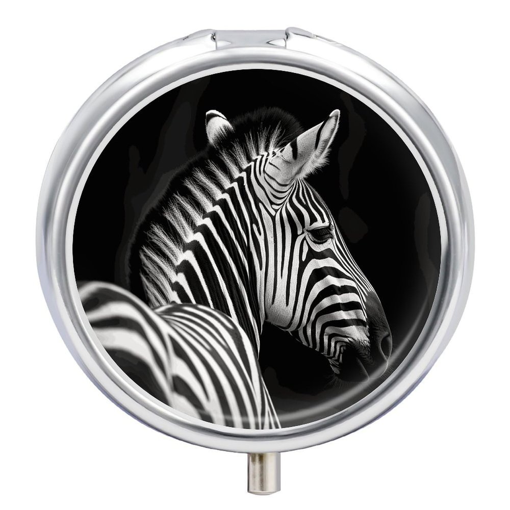 Portable Pill Box with Mirror, Black and White Zebra Pattern, 3 Compartments, Small Travel Pill Organizer for Women and Men, Creative Gift