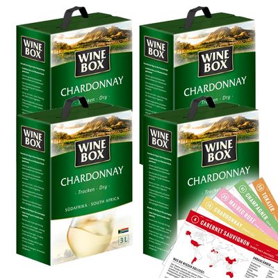 Wine Box Chardonnay, Dry, Bag-in-Box, Varietal Wine Package + VINOX Winecards (4 x 3.0 L)