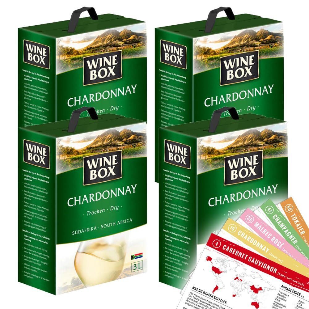 Wine Box Chardonnay, Dry, Bag-in-Box, Varietal Wine Package + VINOX Winecards (4 x 3.0 L)