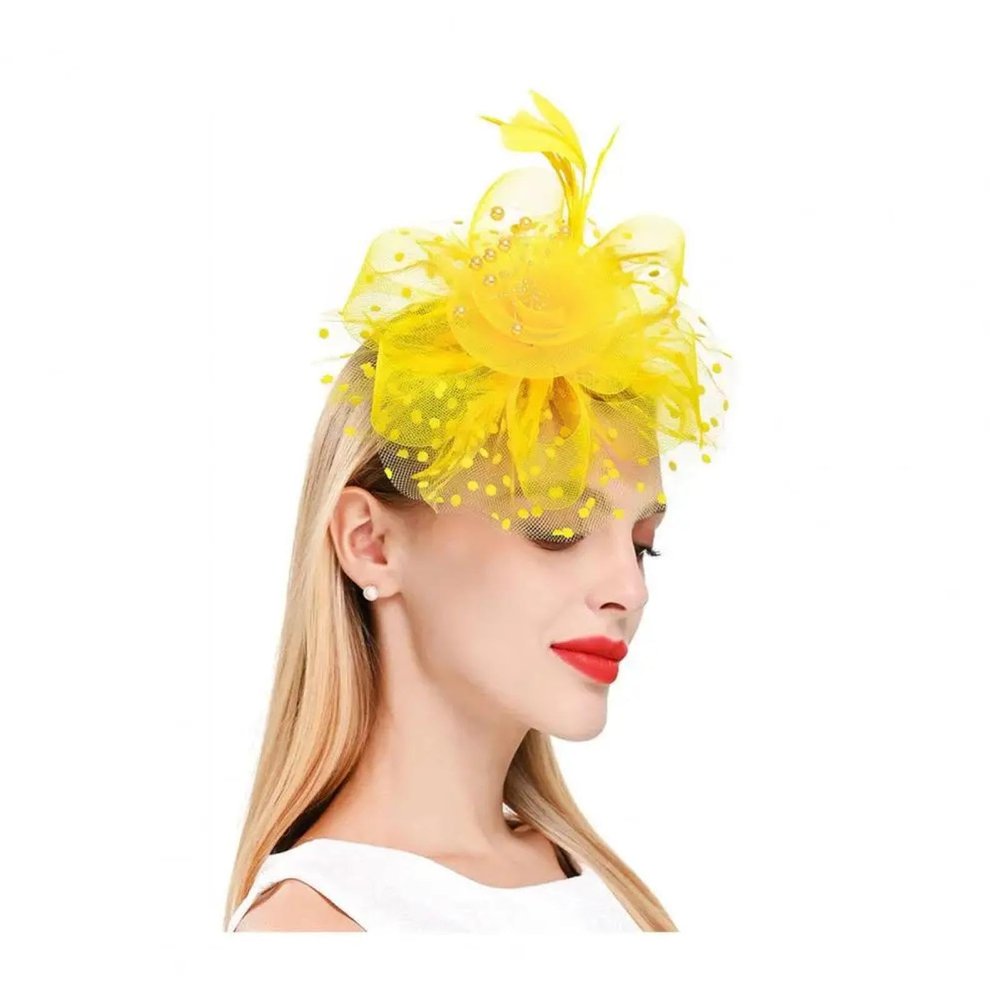 YUEZHAN Women's Yellow Fascinator Headband with Mesh Flower, Faux Pearls and Feather