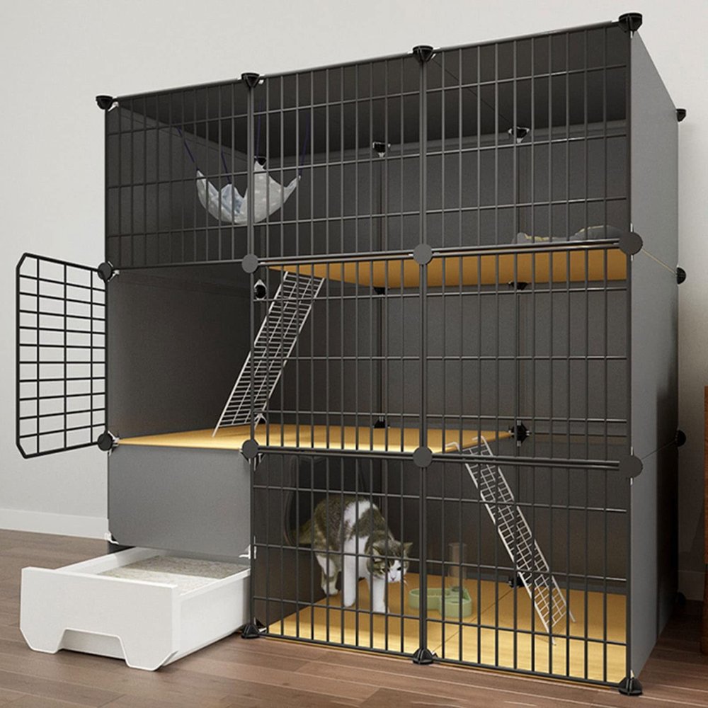 OLSKFUH Cat Cage and Indoor Cat Playpen, Detachable Metal Wire Catio, Large Run for 1–2 Cats, Black