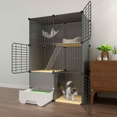 OLSKFUH Large Small Animal Cage, Indoor Metal Cat Cage with Litter Box, Litter Scoop and Ladder, 11 Sizes, Black/White
