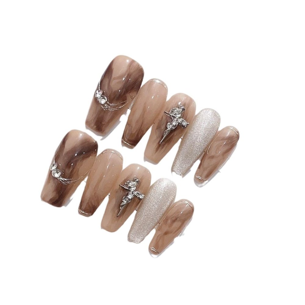 Handmade Wearable Nail Art Patch, Removable Artificial Nail, Short Nail Art (Brown, XS)