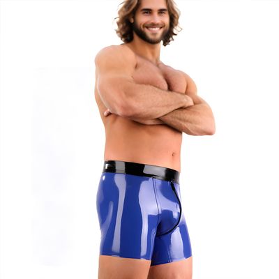 Kangxinsheng Men's Blue Latex Boxer Shorts with Front Zipper - XXL