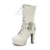 WOkismD 12 cm Mid-Calf Knight Boots, Round Toe, Chunky Block Heel, Front Belt Buckle, Lace-Up, White, EU 37 view 1