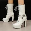 WOkismD 12 cm Mid-Calf Knight Boots, Round Toe, Chunky Block Heel, Front Belt Buckle, Lace-Up, White, EU 37 view 2