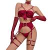Beokeuioe Mesh Bra, Panty and Gloves Set, Sheer Lingerie with Bow Thong view 1