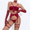 Beokeuioe Mesh Bra, Panty and Gloves Set, Sheer Lingerie with Bow Thong view 2