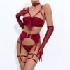 Beokeuioe Mesh Bra, Panty and Gloves Set, Sheer Lingerie with Bow Thong view 4